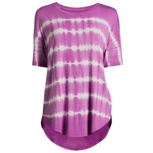 Time and Tru Women's Crewneck Tunic Tee Short Sleeves Purple White Tie Dye - L